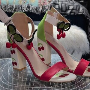Cherry Adorned Red and Green Women's Heels